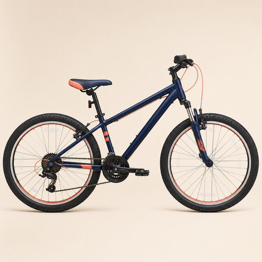 Navy 24-inch geared bicycle for an older child, shown side on
